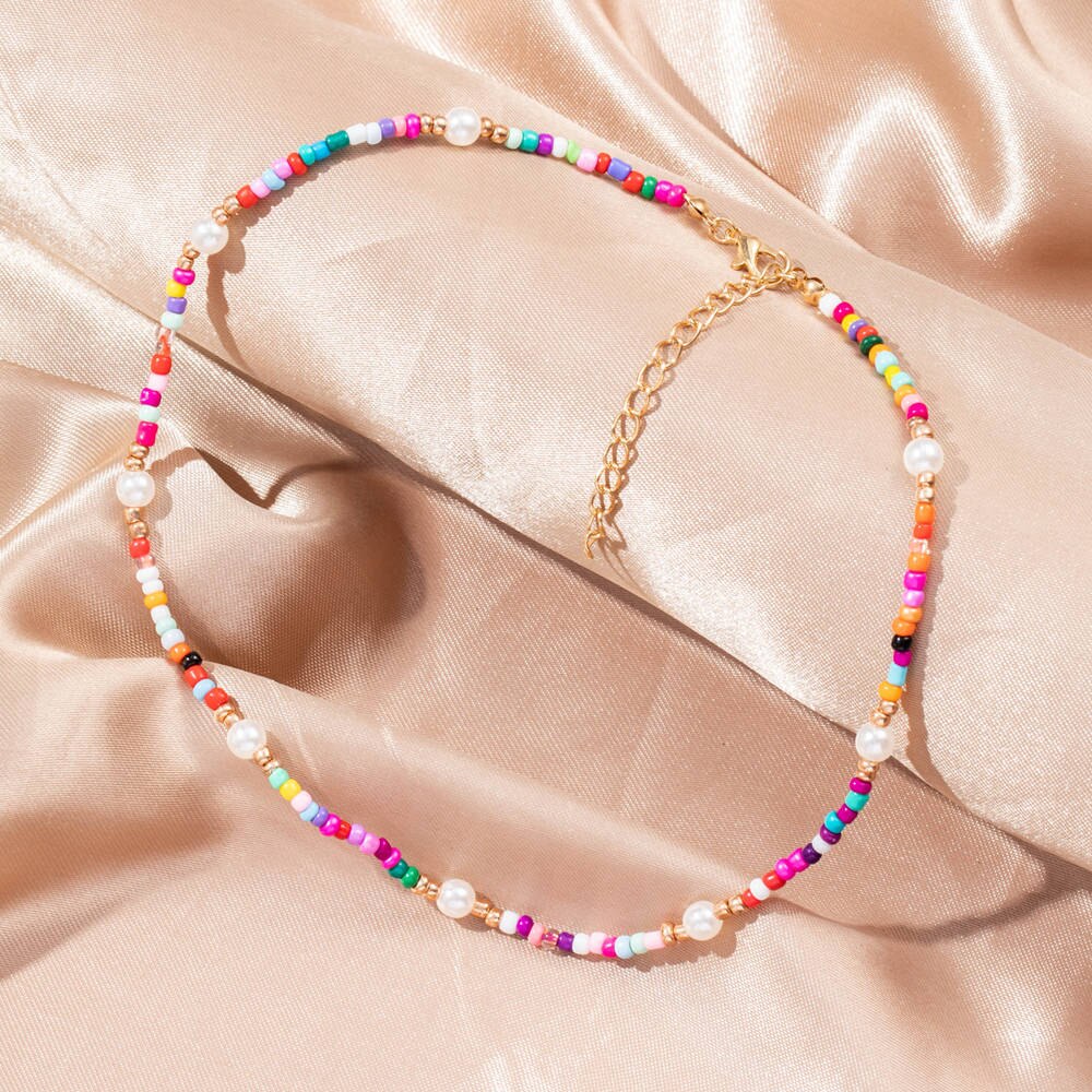 Trendy Bead Strand Beaded Choker Necklace For Women Bohemian Colorful Handmade Short Daisy Pearl Necklace Collar Jewelry: KW245-11664