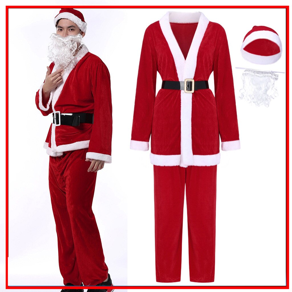 Moda masculina natal papai noel traje vermelho longo mangas compridas com decote em v natal tops + calças + cinto + chapéu bigode cosplay roupas conjunto # g3