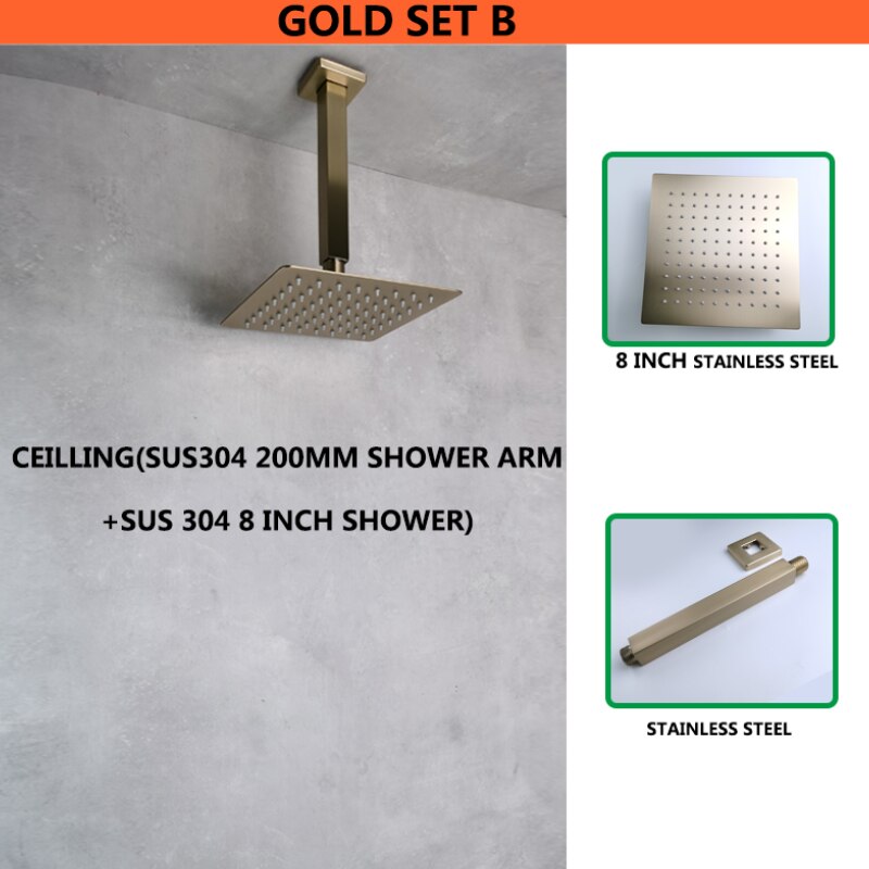 Overhead Shower Set Top Ultra Thin 8 Inch Shower Square Brushed Gold Set System Rain Waterfall 1 Function Swivel Shower Cold: ABS Ceiling Set