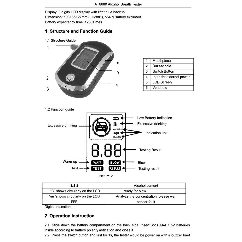 LCD Display Alcohol Tester To At6000 Ethylotest Police Digital Detector and 10 pcs nozzles