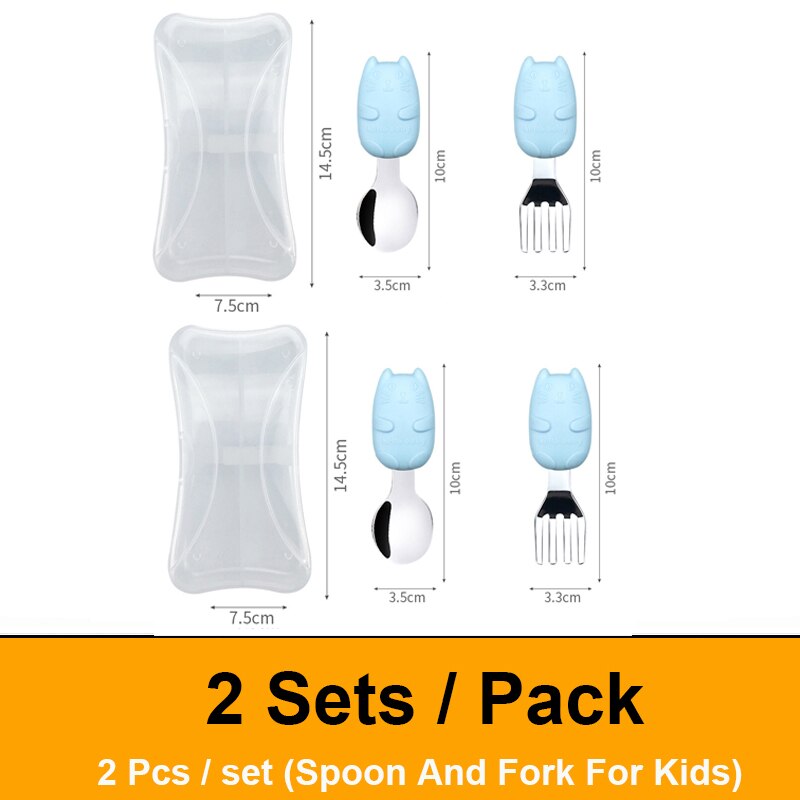 Spoon And Fork For Kids Children's Cutlery Set Cute Cartoon Metal spoons And Forks Stainless Steel Eco Friendly Kids Tableware: Blue 2 sets