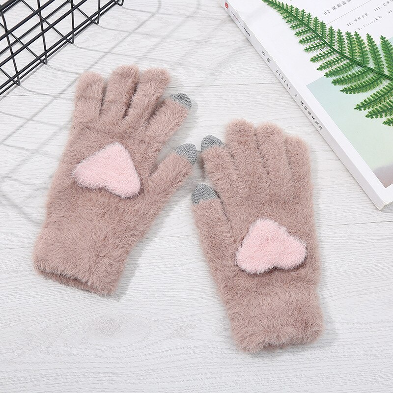 Vrouwen Roze Handschoenen Fluffy Pluche Handschoenen Winter Volledige Finger Handschoenen Liefde Hart Dikke Wanten Meisjes Warm Touchscreen Handschoen