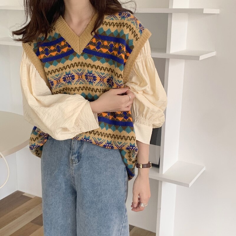 Alien Kitty Vintage Printing Knitting Sweater Vest V-Neck Sleeveless Vest Autumn Ladies All-Match Casual