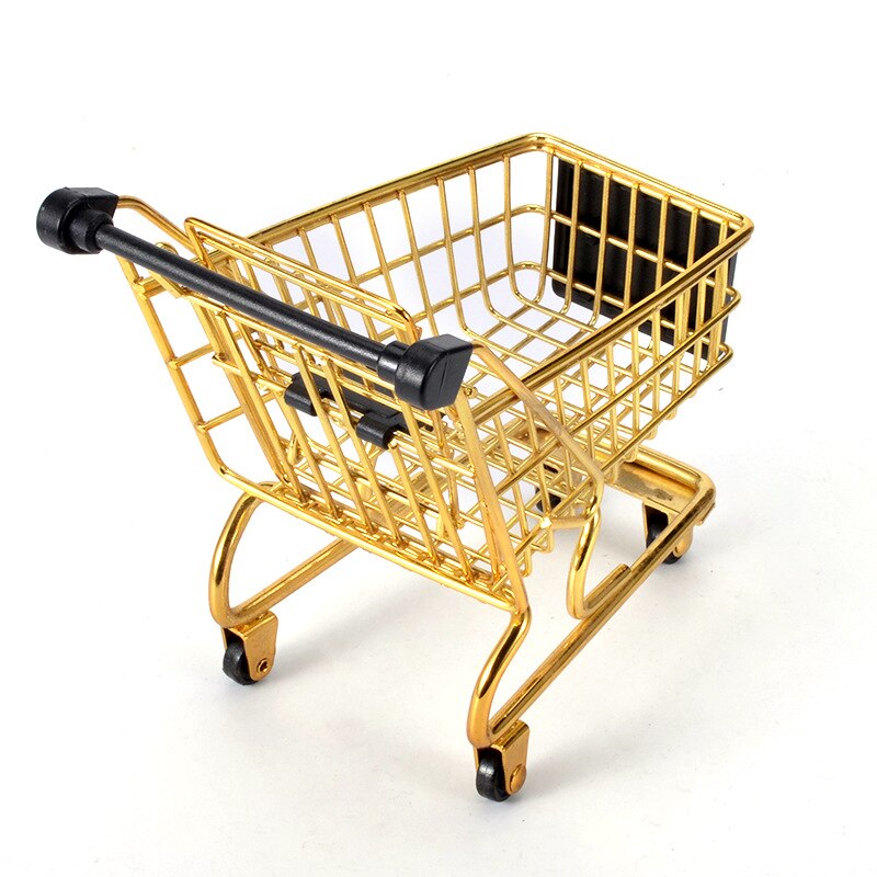 Mini Shopping Cart Storage Box Small Object Storage Basket Wrought Iron Metal Supermarket Trolley Storage Basket-Gold