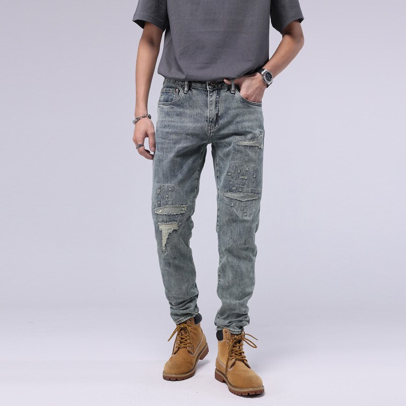 Streetwear Men Jeans Retro Blue Destroyed Patched Ripped Jeans Men Vintage Slim Fit Casual Stretch Denim Pants