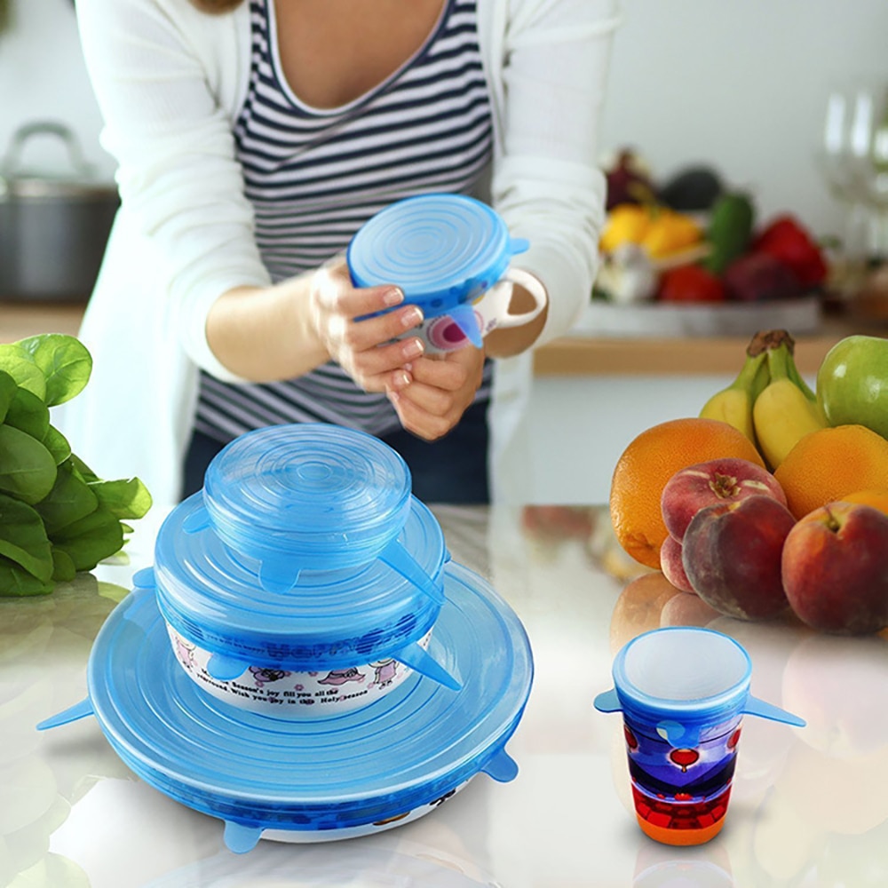 Tapas elásticas de silicona de 6 uds, tapas herméticas reutilizables para envolver alimentos, cubiertas para mantener el bol sellado fresco, cubiertas elásticas para envolver, utensilios de cocina