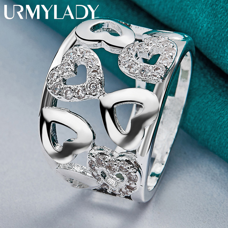 URMYLADY Ciondolo con zirconi a forma di cuore liscio cavo in argento sterling 925 7-10 # Anello per donna, matrimonio, fidanzamento, gioielli di moda