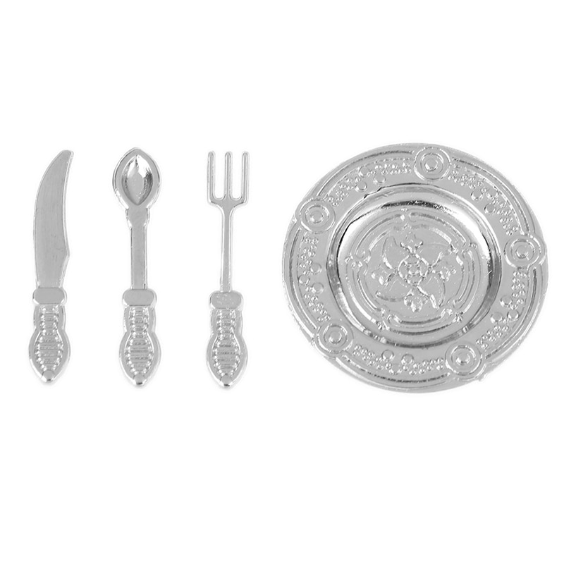 4 Pz/impostato 1:12 miniatura Vintage ▾ Argenteria impostato Coltello Cucchiaio Forchetta E Piatto Posate Casa di Bambola Accessori per la Cucina