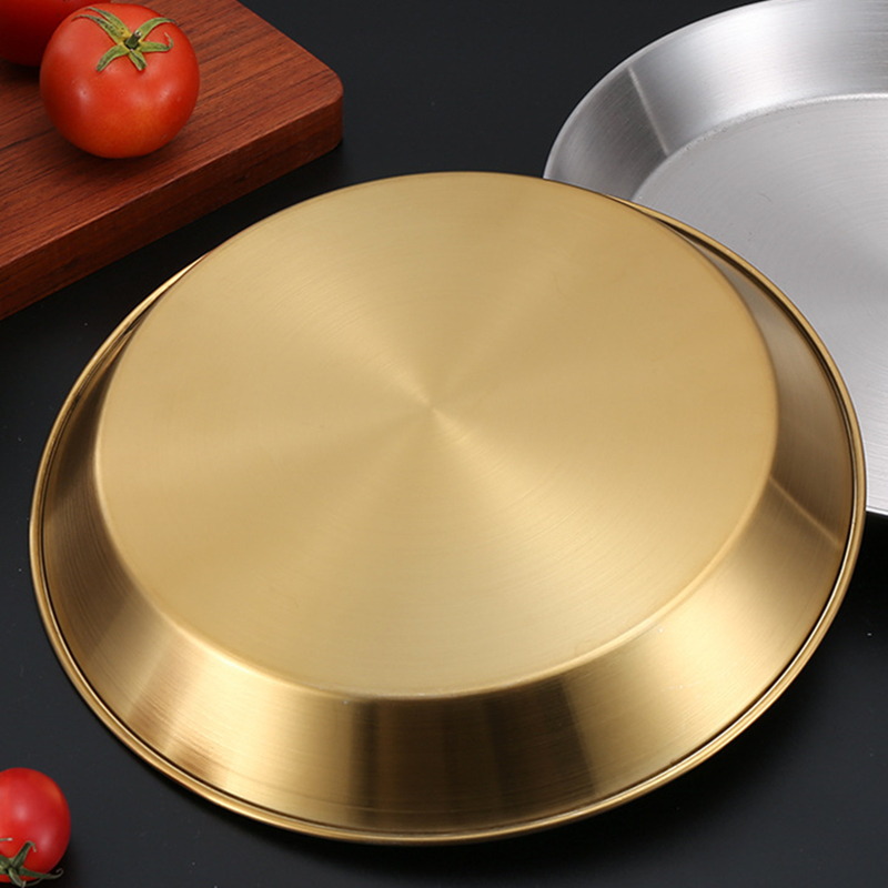 Koreanische Luxus Edelstahl runde Platte goldene flache Boden Aufbewahrung stablett verdickte Obst kuchen Steak Snack Gerichte