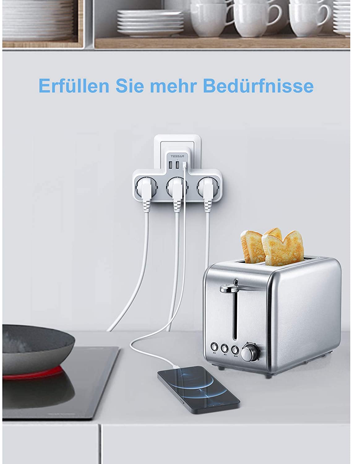 TESSAN EU Standard Plug Power Strip with 3 USB Charging Ports and 3 Outlets Multi Outlets Extender Wall USB Socket Plug Type-E/F