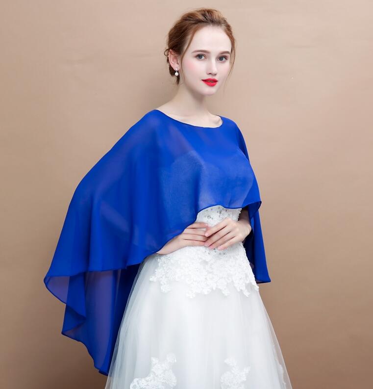 Janevini chiffon bruidscape sjaal voor trouwjurk high low lente zomer dames bolero rode cape wit marineblauwe omslagdoeken stola's: Blauw