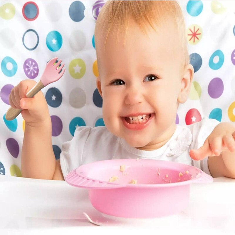 Hurtownia niemowlę silikonowy widelec ekologiczny widelec dla dzieci łatwe robić czyszczenia łyżka dla dzieci z drewnianym uchwytem prezent dla dziecka dla dzieci