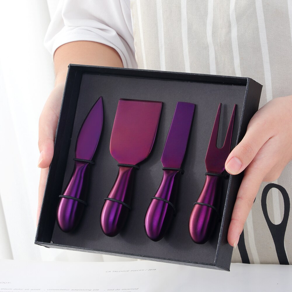 Outil à fromage en or, trancheur, couteau râpes à fromage, outils de cuisine, spatule à gâteau, couteau à beurre, ensemble de 4 pièces: Purple with box
