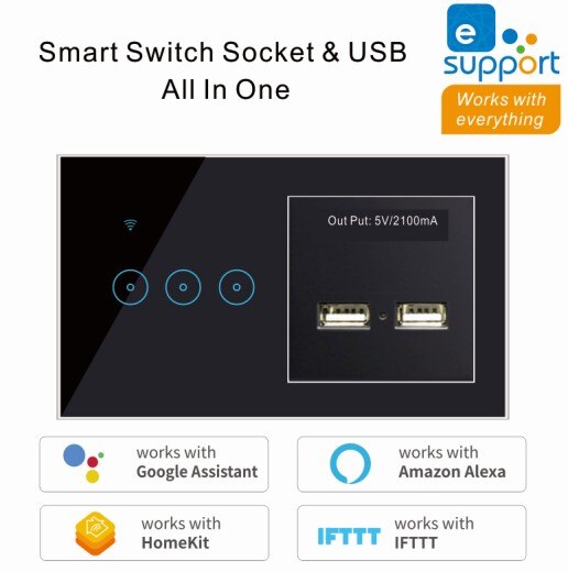 2 In 1 Wall Smart Switch Socket Tempered Glass Touching Button Wall Smart Light Controlling Panel