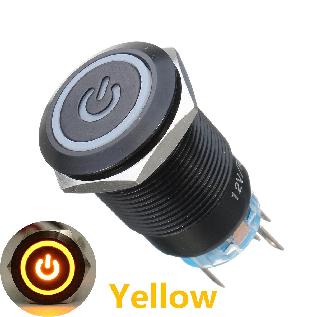 12 V 5Pin 19mm LED Metal Start Drukknop Schakelaars Kortstondige Latching Schakelaar Waterdicht: Geel