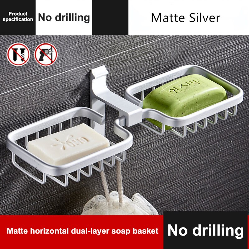 Soap Dish Bathroom Soap Holder Tray Aluminum Soap Rack Shelf Wall Mounted Accessories Shower Plate Storage Basket: Matte silver