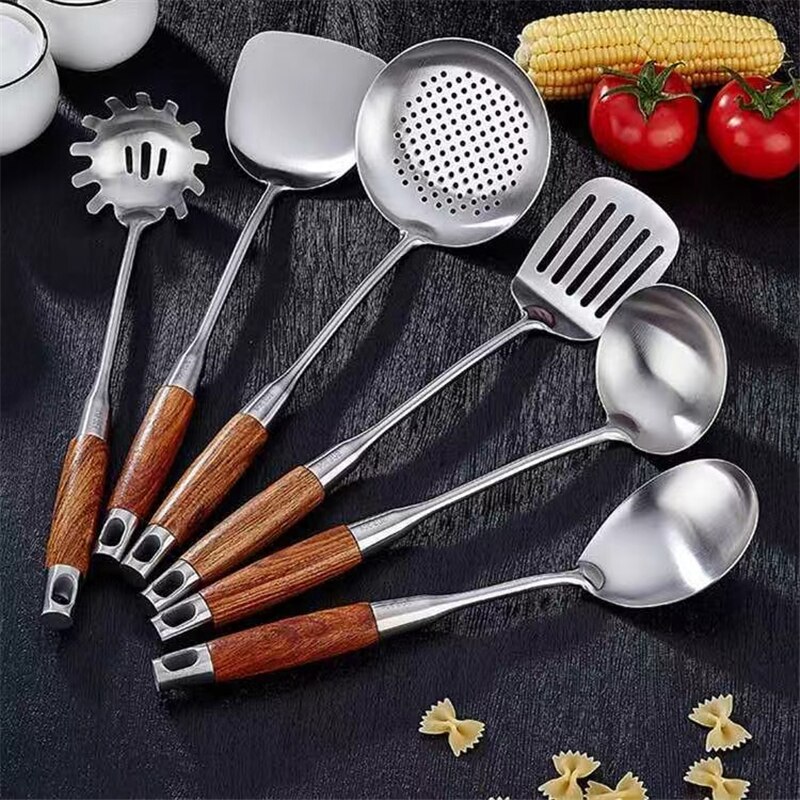304 Stainless Steel Wok Spatula Rosewood Handle Kitchen Essentials Cooking Tools utensilio Accessories Slotted Turner Rice Spoon: A6