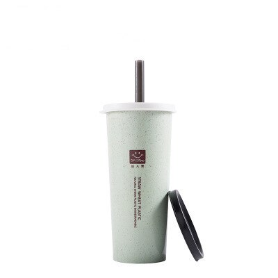 1PC Einfache Weizen Stroh Tasse Mit Deckel Tasse Schüler Tragbare Tote Reise Tasse Kunststoff Trinkwasser Tasse Kaffee Flasche für freundlicher Rohr: Grün