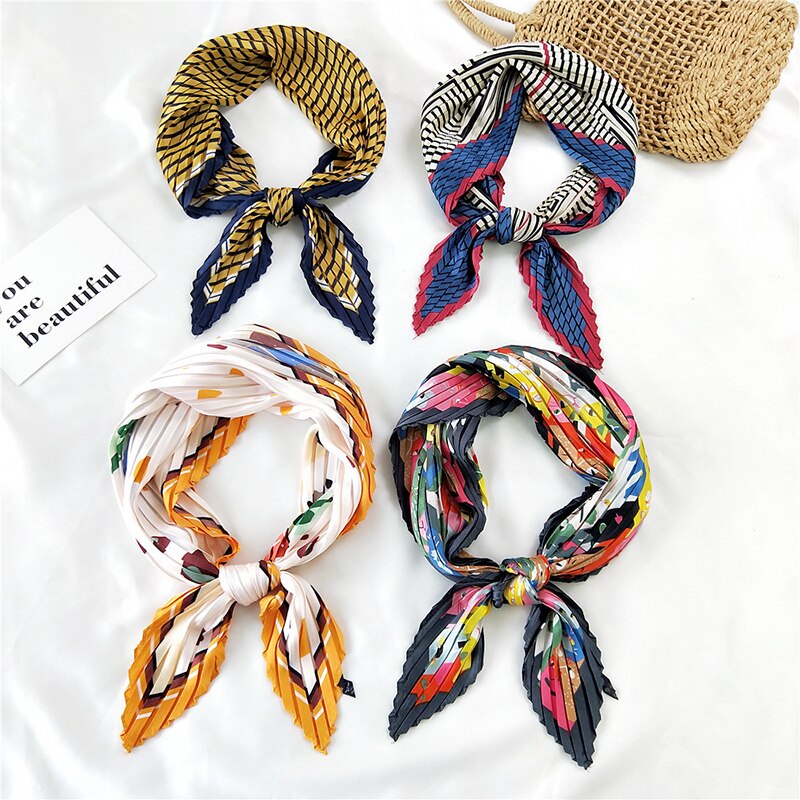 70*70cm Wrinkle Small Silk Scarf For Women Chiffon Square Scarf Fold Scarf Floral Striped Printed Women Office Scarves Foulard