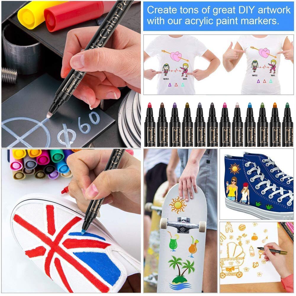 12/20 Color Permanent Acrylic Paint Pens for DIY Photo Album, Art Rock Painting, Card Making, Metal and Ceramics, Glass
