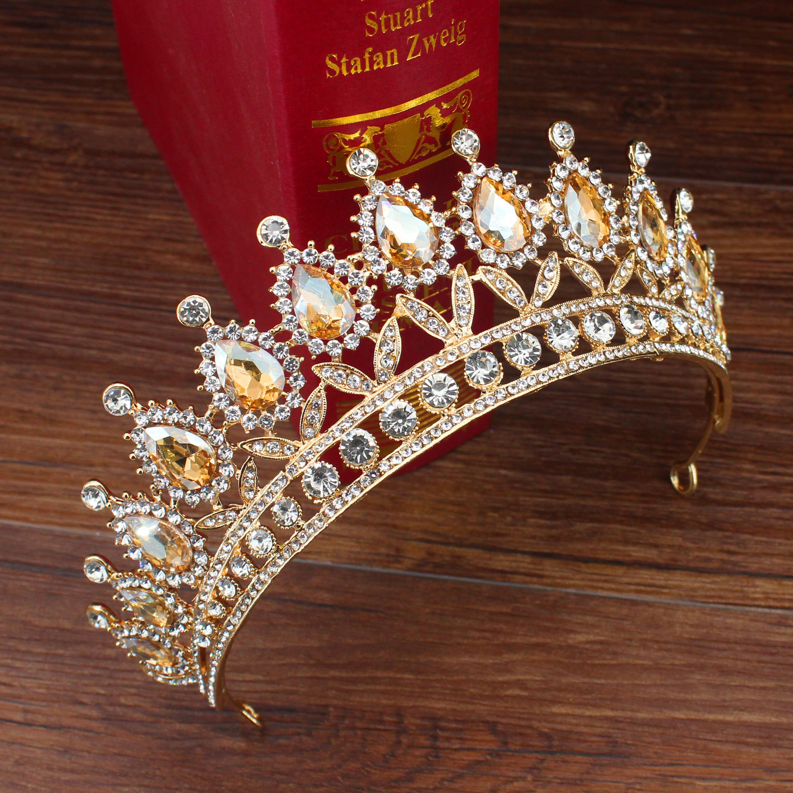 Wedding Bridal Tiara Crown Queen Sposa Oro Rosso di Cristallo Diadem Ornamenti Per Capelli Testa Accessori Dei Monili Delle Donne Pageant Copricapo