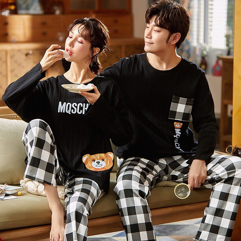 SONG Spring Summer Couples Pajama Sets For Women Men Long Sleeves Cotton Casual Pyjamas Home Suit 2 Pieces Sweet Match