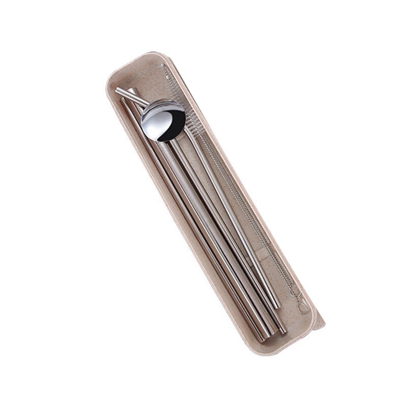 Portable Stainless Steel Straw Set Reusable Color Straw With Cleaning Brush(Set Of 7,1Bent+2Straight+2 Brush+1Spoon+1Box): Silver