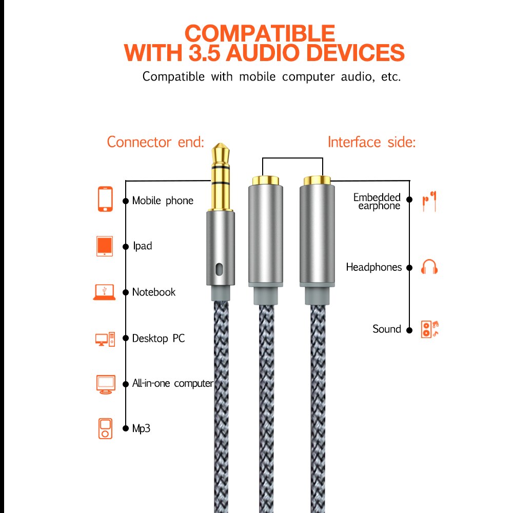 Headphone Splitter Cable 3.5mm Y Audio Jack Splitter Extension AUX Cable 3.5mm Male to 2 Port 3.5 mm Female AUX Adapter Cord