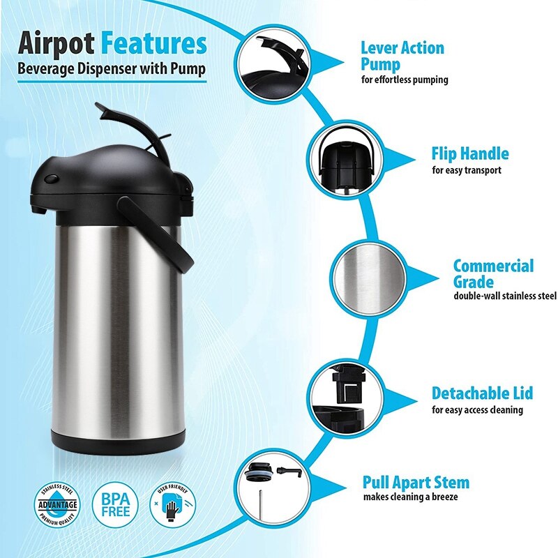 2,5 L Vom Flughafen Kaffee Spender mit Pumpe 24 Stunde Thermische Isolierte Heißer Getränke Dispenser für Kaffee, jede Flüssigkeit oder Trinken