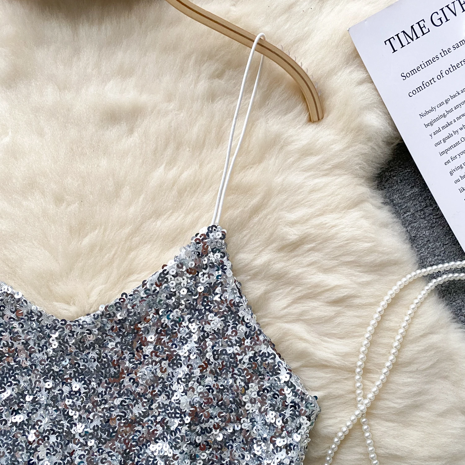 Kvinnor chic paljett linne smal grundläggande sexig koreansk ärmlös axelbandslösa toppar hösttopp