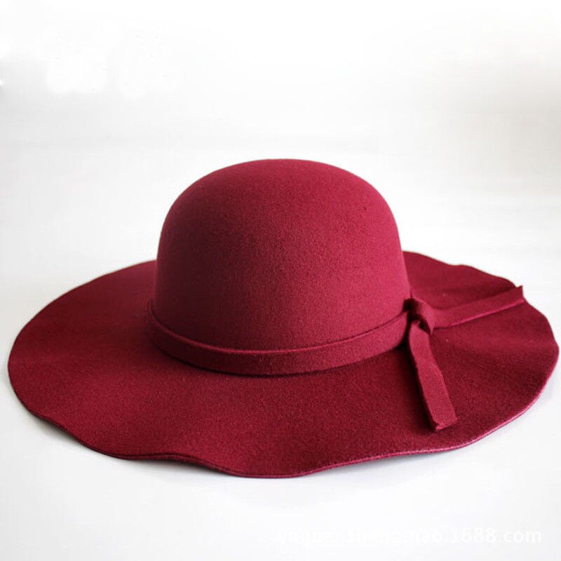 Vintage Lady Womens Wide Brim Wool felt Hat Floppy Felt Bowler Cloche Cap: Wine red