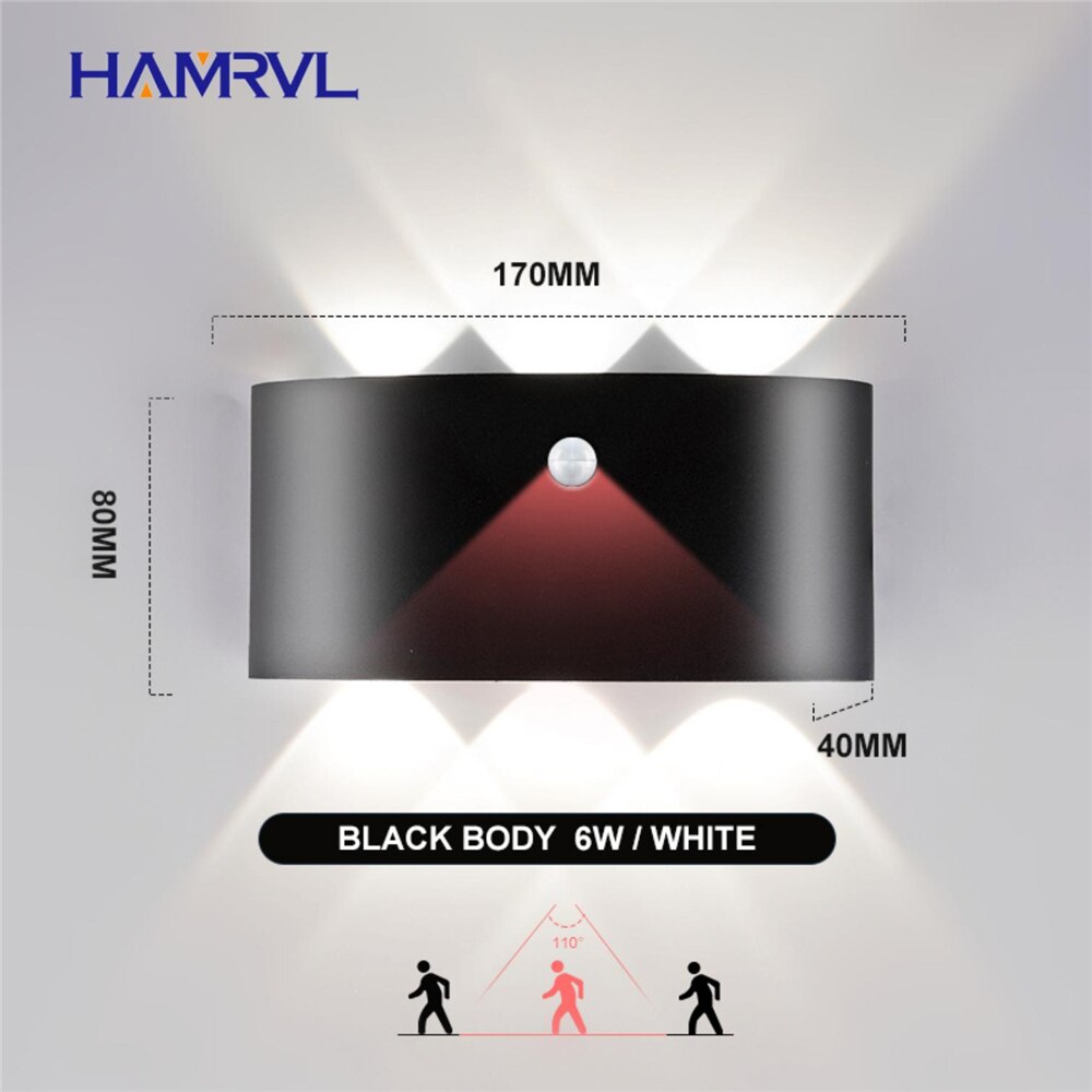 Outdoor Lighting LED PIR Motion Sensor Waterproof Wall Light 8W AC90-260V Modern Wall Lamp Garden Light Fixture Outside Building: 6W Black body-White