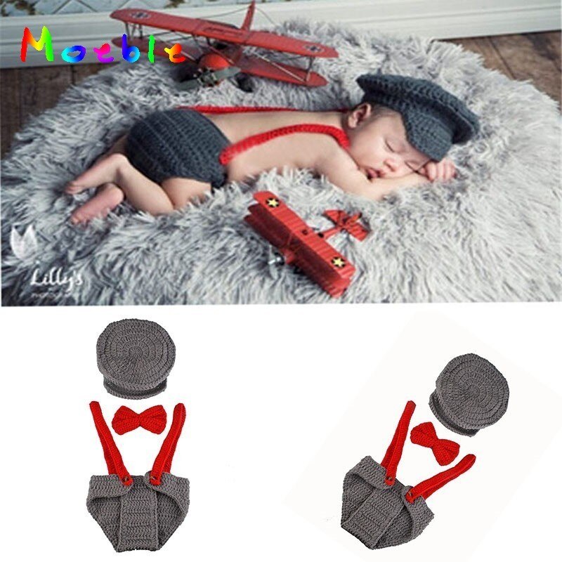 Cinza Conjunto Piloto para Newborn Fotografia Props Crochet Malha Bebê Meninos Acessórios Fotografia Traje para Sessão de Fotos Do Bebê