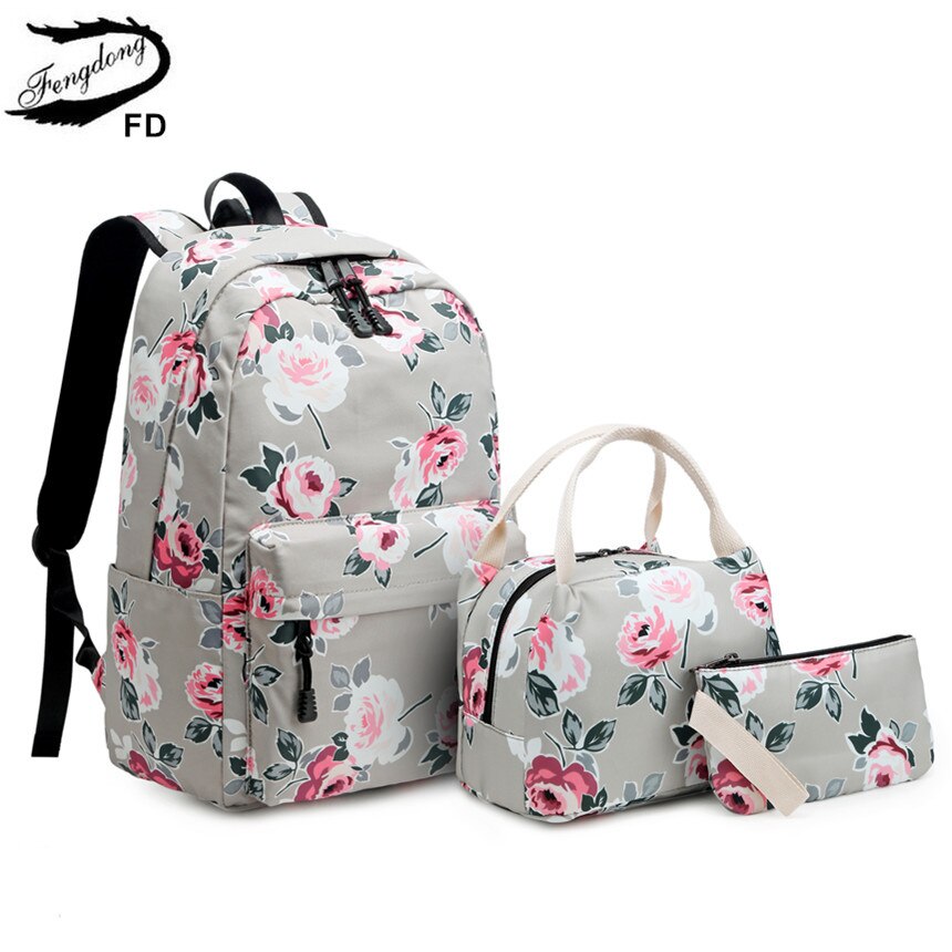 FengDong 3 teile/satz mädchen rose blume druck schule rucksack set kinder floral tasche reise rucksack schule taschen für teenager mädchen