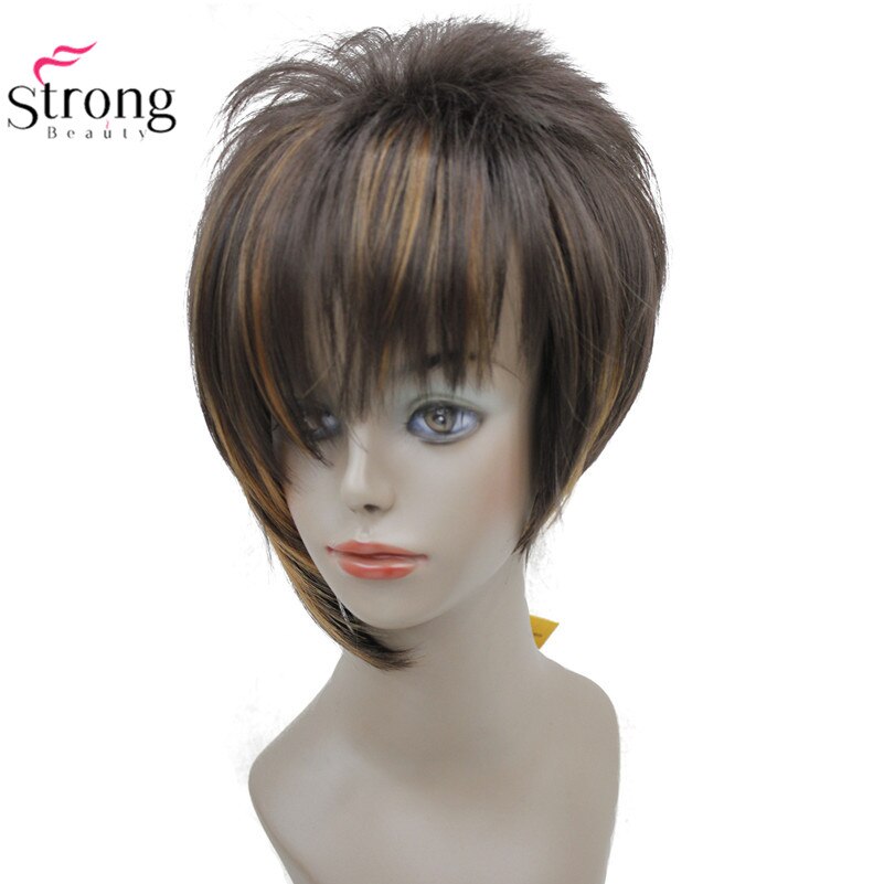 StrongBeauty Light Auburn with Highlights Inclined Bangs Short Straight Synthetic Hair Wig For Girl