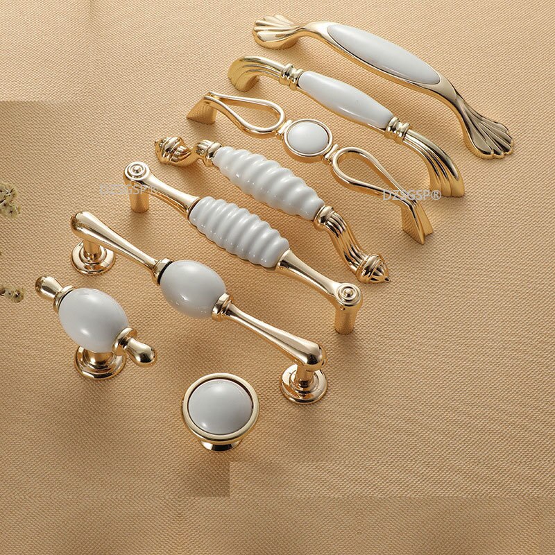 Closet Wardrobe Pull Zinc Alloy Ceramic European Gold Ivory White Diamond Cabinet Kitchen Knob Drawer Cupboard Handle