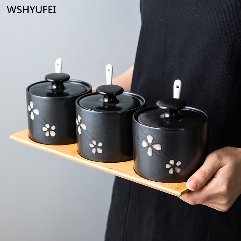 Household with lid spoon Japanese ceramic storage tank kitchen seasoning candy biscuit coffee bean storage tank