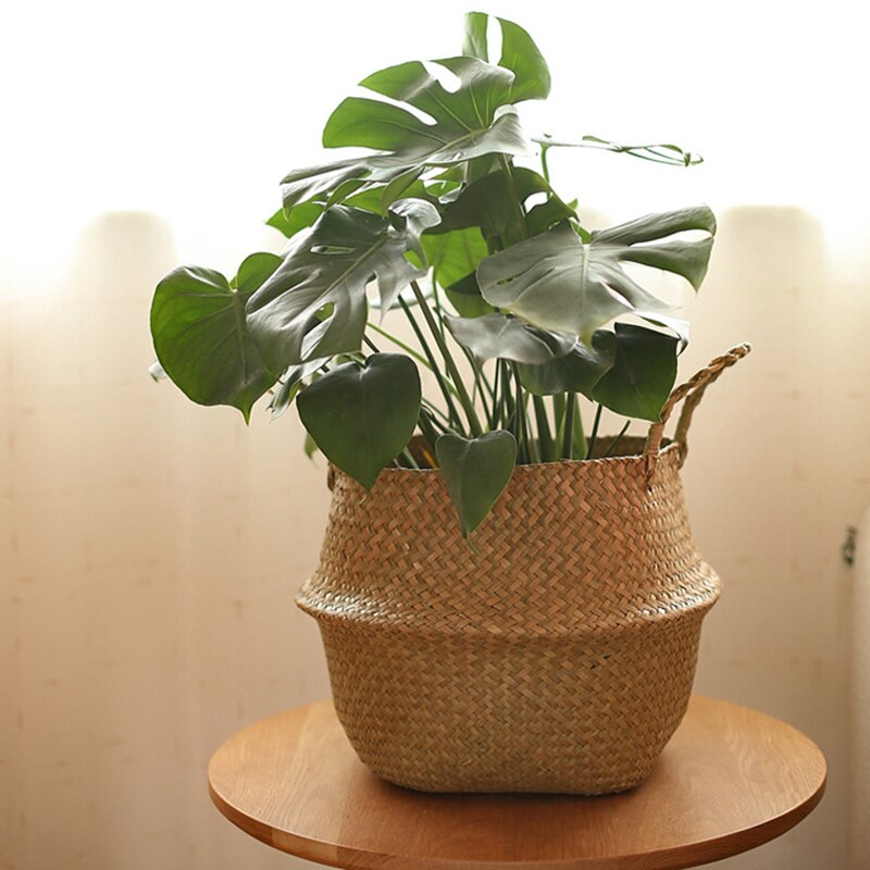 Handmade Seagrass Weaving Storage Baskets Foldable Basket Natural Straw Patchwork Wicker Rattan Belly Garden Flower Pot Basket