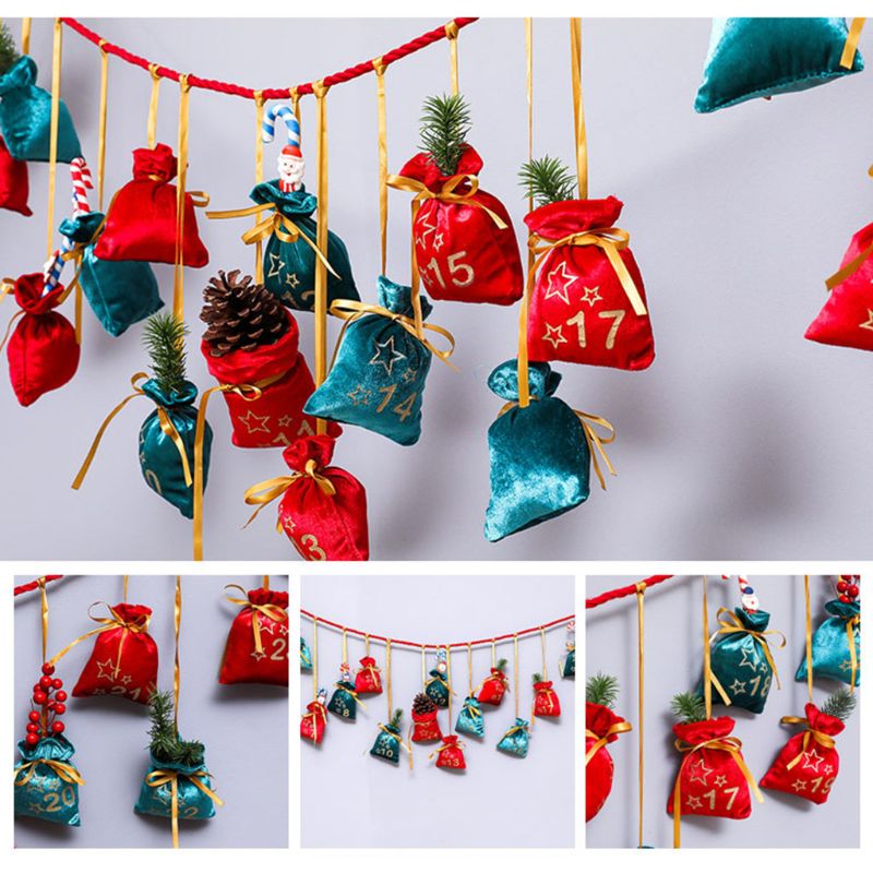 24 Days Countdown Christmas Advent Calendar Ornament Candy Bags Hanging Party Decorations for Kids