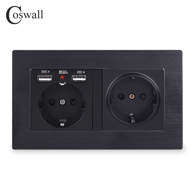 COSWALL, 2 grupos, Rusia, España, enchufe de pared estándar de la UE con 2 puertos de carga USB, indicador LED suave oculto, marco de Metal de aluminio