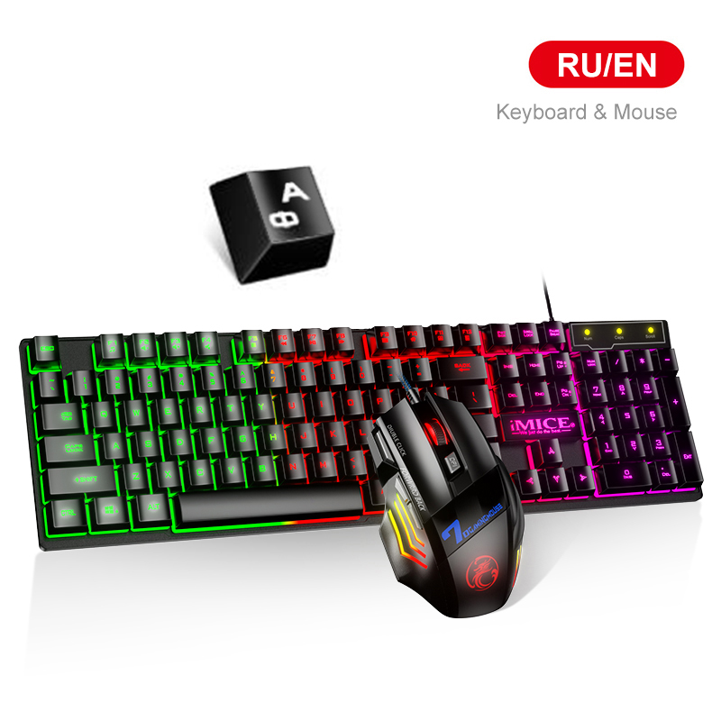 Gamer Keyboard And Mouse PC Gaming Keyboard RGB Backlit Keyboard Rubber Keycaps Wired Russian Keyboard Mouse Gamer Gaming Mouse: RU Keyboard mouse