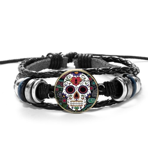 SIAN Sugar Skull Mexico Folk Art Patterns Bracelet Multilayer Braided PU Leather Bracelet Men Women Day of The Dead Special: Style 5