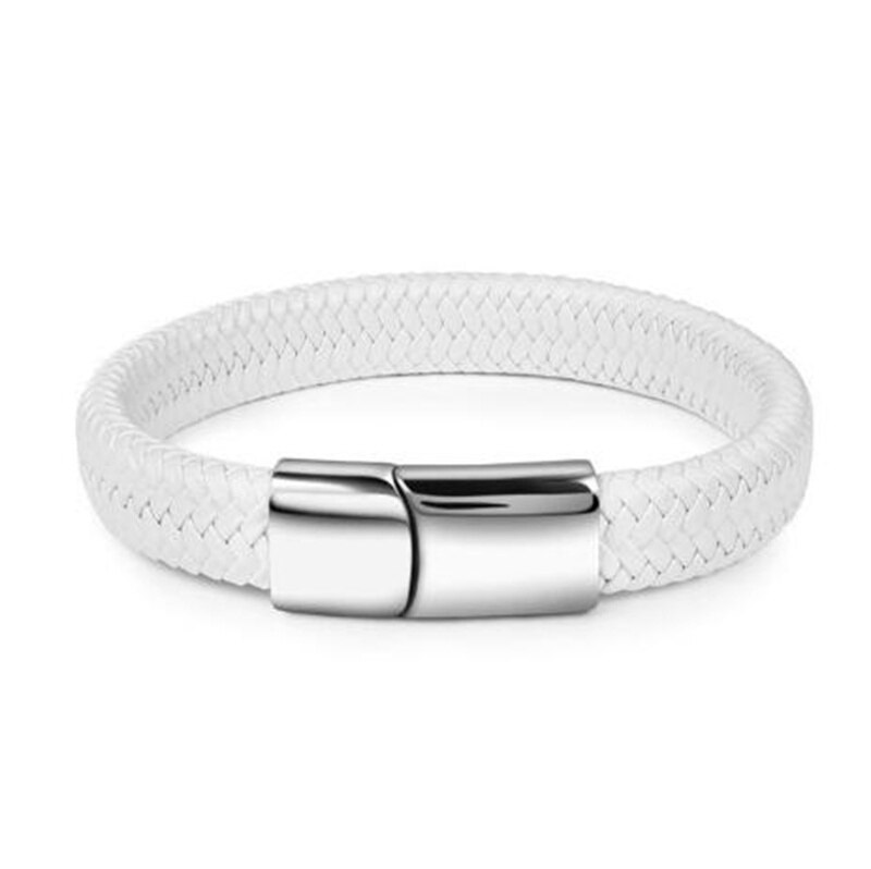 Unisex trend armbånd par smykker hvidt vævet læder metal magnetisk knap armbånd: Sølv