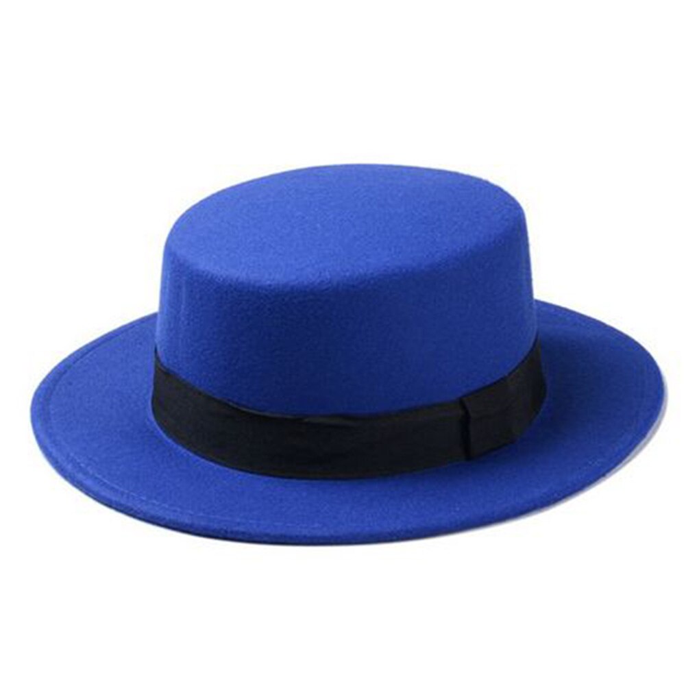 Wool Boater Flat Top Hat For Women Felt Wide Brim Fedora Hat: Royal blue