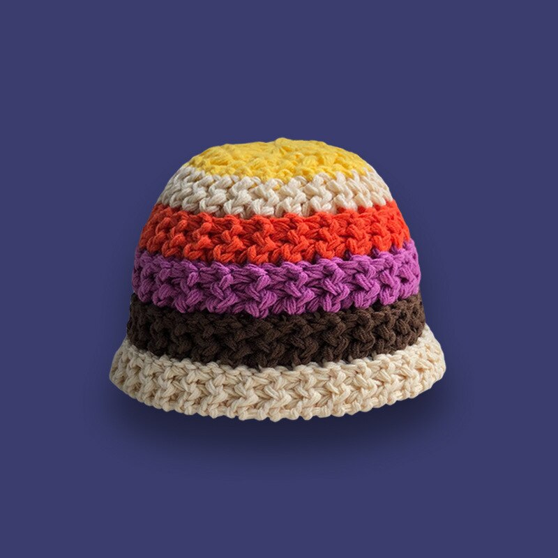 2022 Zomer Mode Regenboog Gestreepte Pot Hoed Japanse Bell-Vormige Hoeden Vrouwen Gehaakte Outdoor Opvouwbare Strand Cap Zomer Gorras: Beige