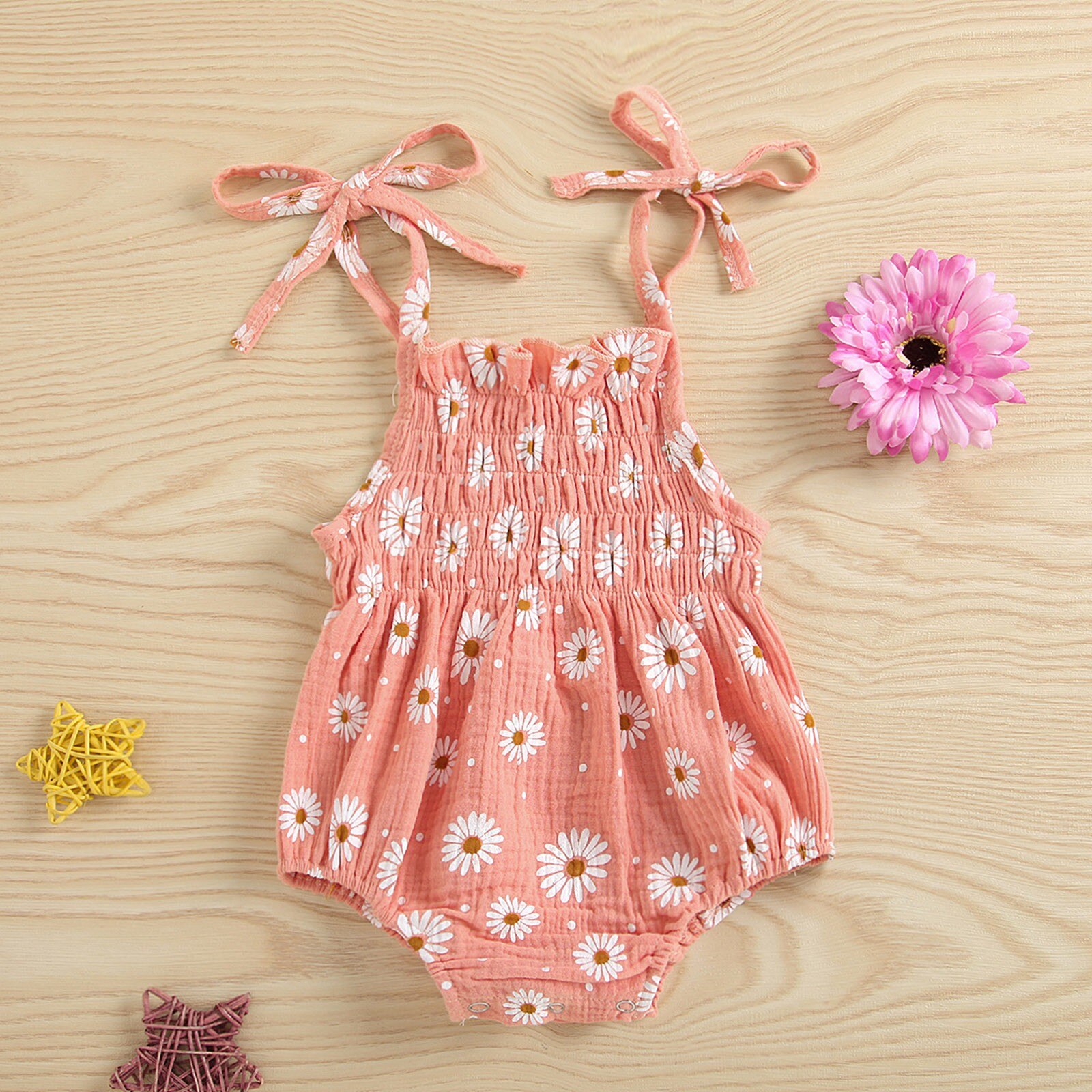 Newborn Baby Girl Daisy Print Romper Sleeveless Strap One Piece Summer Romper Clothing Pleats Jumpsuit Roupa De Girls&Boy