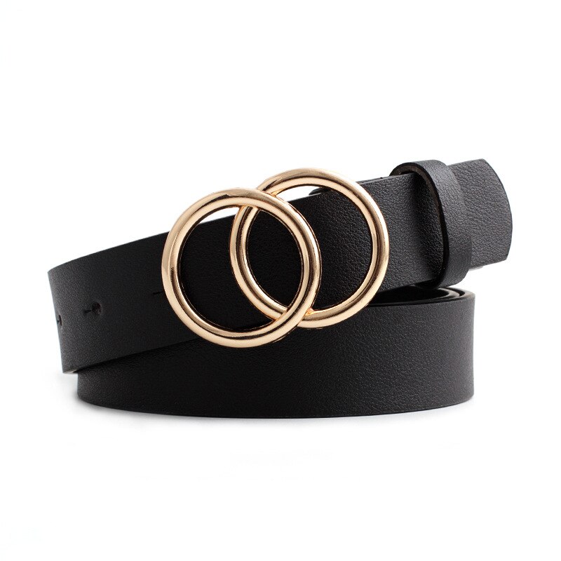 Women Gold Black Silver Big Double Ring Circle Buckle Belt Waistband Female Ladies Wide Leather Straps Belts for Jeans: Style 3 Black