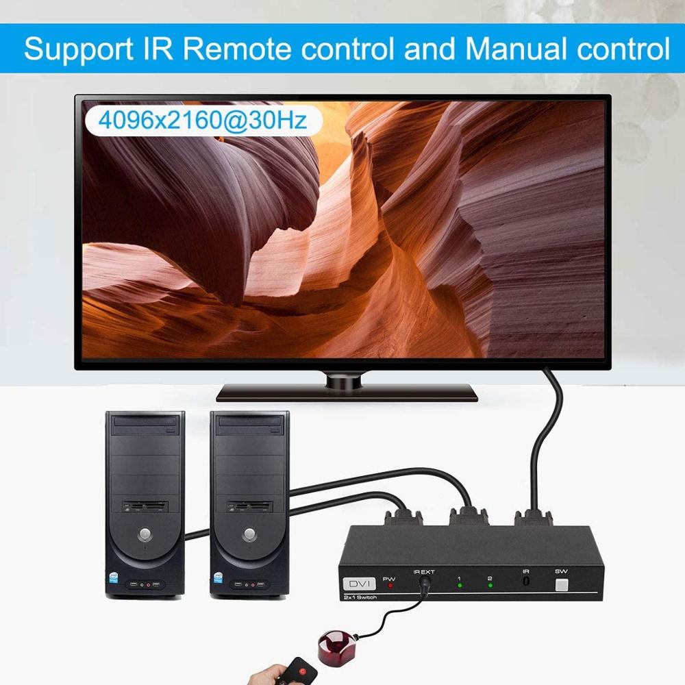 Dvi switch 2 in 1 ud 4k dvi 2 port switcher med ir fjernbetjening dvi 2 x 1 support 4096 x 2160 @ 30hz dvi vælger til pc bærbar computer