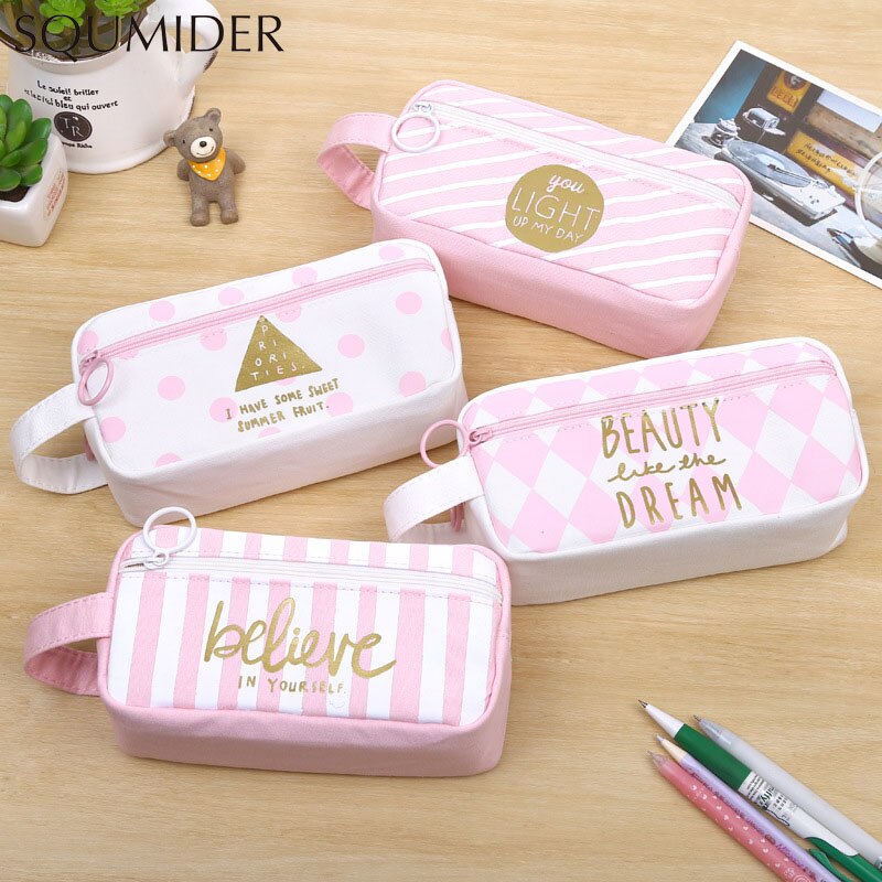 Pink canvas pencil case large capacity Kawaii pen case for girls school Pencil cases student stationery box cute Storage bag