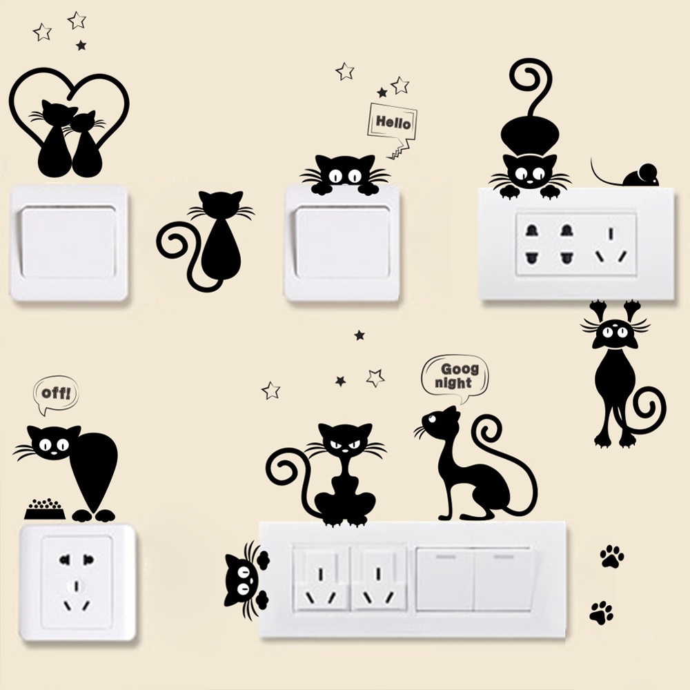 Lovely Cat Light Switch Wall Stickers Home Decor Cartoon Animals Wall Decal Art